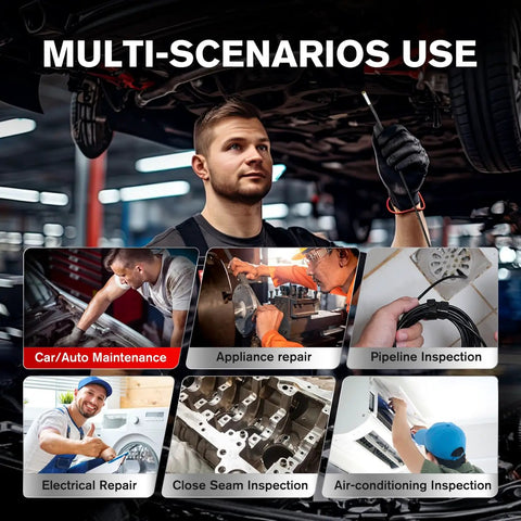 MV108S Digital Inspection Camera 1920x1080 HD 2MP Bore Scope With 8.5mm Imager Head For Tight Pipes And Narrow Corners Clear Crisp Images For Plumbing Automotive And Home Diagnostics. Multi-use inspection camera shown for auto, pipe, HVAC, and repair work.
