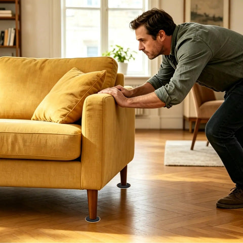 Man moving a sofa with 20 Pack Carpet Furniture Sliders 3.5 Inch Round Moving Pads Reusable Glide For Tables Chairs Cabinets And More