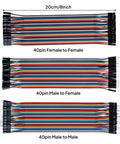 Multicolored Dupont Jumper Wire Kit 120Pcs 8-Inch Cables, showing 40-pin connections: female-female, male-female, male-male layout.