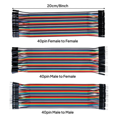 Multicolored Dupont Jumper Wire Kit 120Pcs 8-Inch Cables, showing 40-pin connections: female-female, male-female, male-male layout.