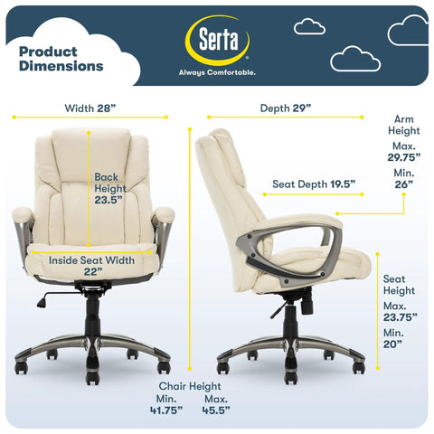 Garret Executive Office Chair With Ergonomic Mid Back And Lumbar Support, dimensions chart, ivory leather swivel base