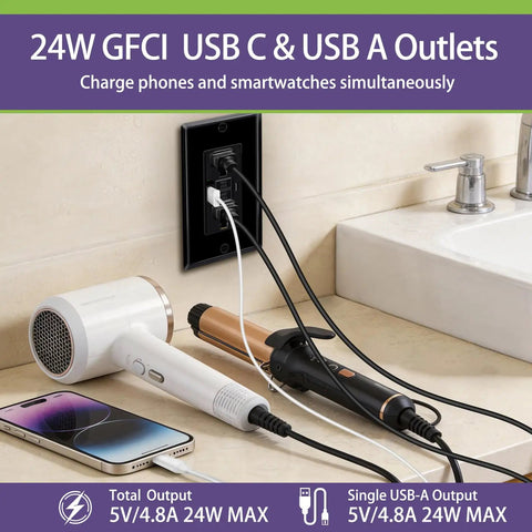 15 Amp GFCI Outlet 6 Pack Featuring Dual USB Type C And A Ports Self Testing Receptacle That Stops Short Circuits Cold Hassle Free Plug And Play Setup Liven Up Your Home Wiring with hairdryer, curling iron, and smartphone.