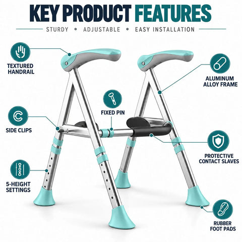 Super Sturdy Toilet Safety Rails For Seniors Heavy Duty Adjustable bathroom grab bars with non slip cyan handle features overview.