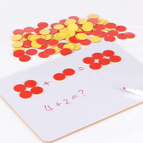 Totally Kid Approved Two Color Counters 100 Pack In Heavy Duty Plastic Case with red and yellow discs used for math practice.