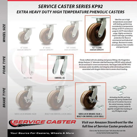 Graphic of Service Caster Series KP92 casters with 12 inch phenolic wheels, including rigid and swivel types with side lock brakes.