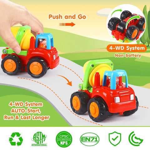 Inertia Friction Powered Construction Vehicle Set Push And Go Toys Four Pack Kid Friendly For Toddlers And Kids featuring bulldozer
