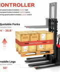 Compact Electric Pallet Stacker Forklift For Smooth Warehouse Moves with adjustable forks lifting boxes, 3300 lbs capacity.