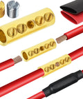 Top Shelf 12 To 10 Awg Screw Style Wire Butt Connectors And Mechanical Splice Kit showing brass splices with red wires and heat shrink.
