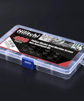 Clear plastic case containing 400-piece Phillips washer head machine screws nuts assortment kit on black background.