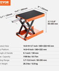 Heavy Duty Motorcycle Lift With Wide Deck and 1100 Lbs Capacity, Scissor Jack With Safety Pin, Adjustable Height From 3.7 To 13.8 Inches, Steel Stand For Street Bikes Cruisers And Touring Motorcycles shown with measurements and specifications