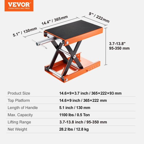 Heavy Duty Motorcycle Lift With Wide Deck and 1100 Lbs Capacity, Scissor Jack With Safety Pin, Adjustable Height From 3.7 To 13.8 Inches, Steel Stand For Street Bikes Cruisers And Touring Motorcycles shown with measurements and specifications