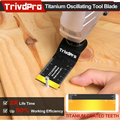 Titanium oscillating tool blade by TrivPro installed on a power tool for wood