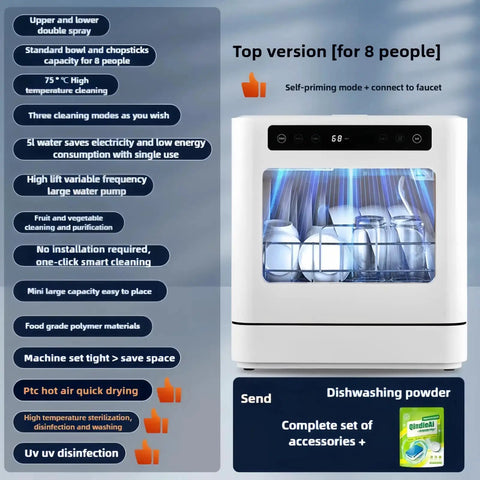 Fully Automatic Portable Countertop Dishwasher Boasting Four Wash Cycles, Roomy Eight Place Setting Capacity, Smooth Operation And No Sweat Cleanup. Display with plates and glasses inside.