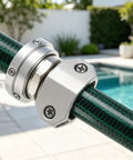 Quick Garden Hose Repair Kit With 3 Aluminum Connectors And Zinc Clamps Fixes Leaks On 3/4 Inch And 5/8 Hoses Perfect For Outdoor Faucets and Yard Care Essentials, hose splice close-up