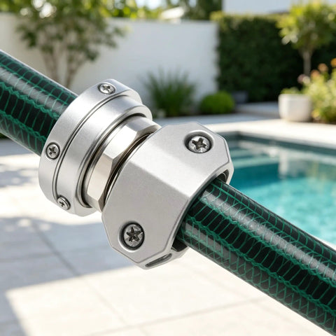 Quick Garden Hose Repair Kit With 3 Aluminum Connectors And Zinc Clamps Fixes Leaks On 3/4 Inch And 5/8 Hoses Perfect For Outdoor Faucets and Yard Care Essentials, hose splice close-up