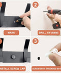 Installation steps for Heavy Duty Wall Mount Coat Rack with Five Hooks per Unit, showing marking, drilling, screwing, and cap installation.