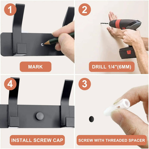 Installation steps for Heavy Duty Wall Mount Coat Rack with Five Hooks per Unit, showing marking, drilling, screwing, and cap installation.