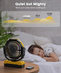 36000mAh Portable Camping Fan With Detachable Batteries Led Light And Remote Four Speeds Rechargeable next to sleeping child