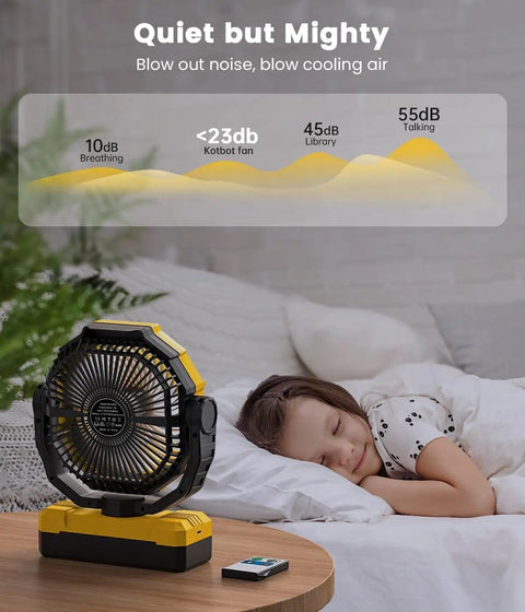 36000mAh Portable Camping Fan With Detachable Batteries Led Light And Remote Four Speeds Rechargeable next to sleeping child