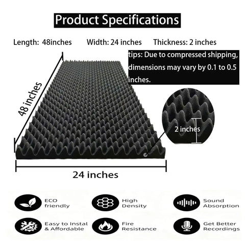 Egg Crate Acoustic Foam Panels 48 X 24 X 2 Inch Black 4 Pack with specifications for recording space treatment.