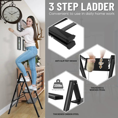 3 Step Folding Ladder Lightweight Aluminum Step Stool With Wide Anti Slip Pedals Sturdy 330 Lb Capacity in home setting
