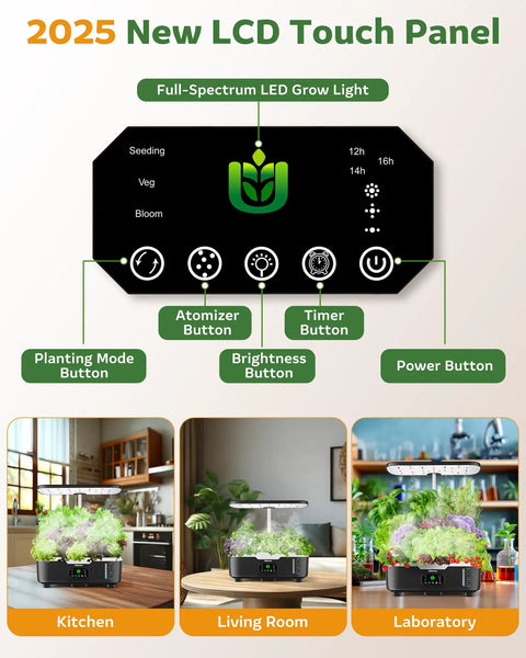 Indoor Hydroponic Garden Kit With 15 Pods LCD Touch Panel in kitchen, living room, and lab setup for versatile planting options.