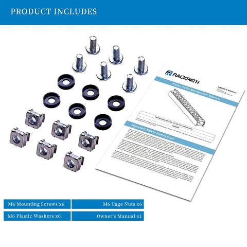 Product includes for 1U 19 Inch Plastic Server Rack Cable Management Raceway, screws, cage nuts, washers, and owner's manual