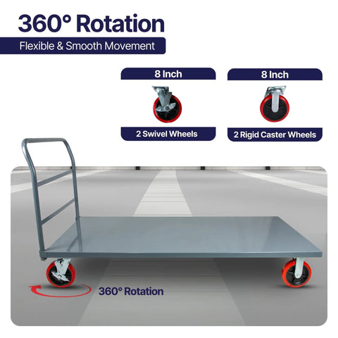 Badass Heavy Duty Flatbed Platform Cart Designed To Crush Retail Loads Featuring A Solid Seventy Two By Thirty Six Inch Deck And Two Thousand Four Hundred Pound Capacity Paired With Eight Swivel Locking Wheels.