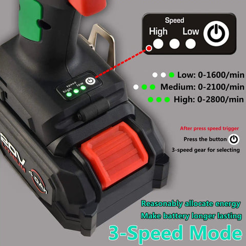 Beast Half Inch Cordless Impact Wrench Kit with 3-speed settings highlighted, showing 0-1600/2100/2800 RPM options on black handle.