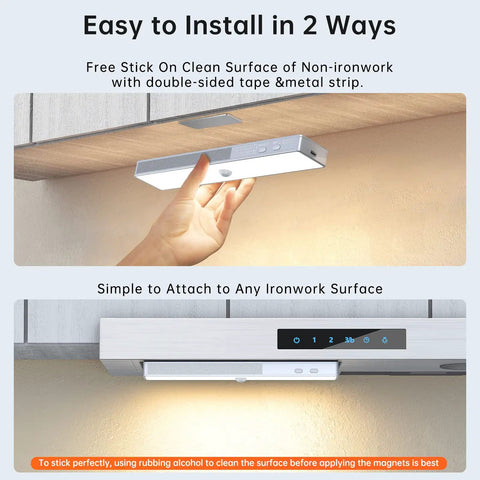Stick Anywhere Closet Light Kit With Motion Sensor 6 Pack under cabinet installation options shown, including adhesive and magnetic mounts.