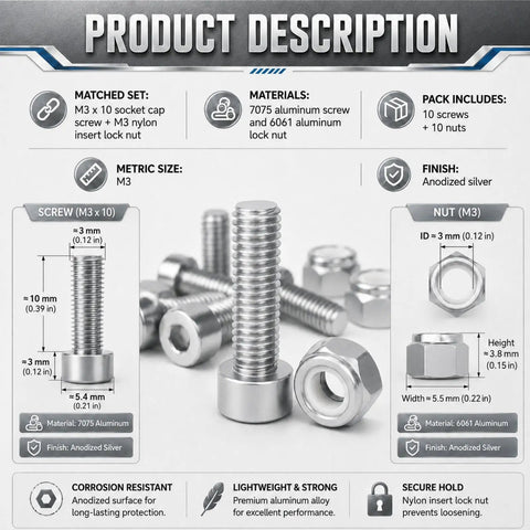 Rock Solid Heavy Duty M3 10mm Socket Cap Screws Paired With M3 Nylon Locknuts 10 Piece Pack displayed with specifications.