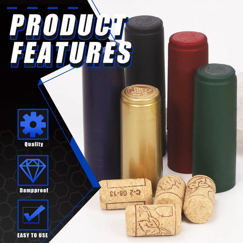 Sharp Pvc Heat Shrink Wine Bottle Capsule Kit Featuring Five Vibrant Seal Wraps And Thirty Quality Cork Stoppers For Flawless Finish And Badass Homemade Winemaking Vibes That Truly Shine - includes colorful PVC capsules and corks.
