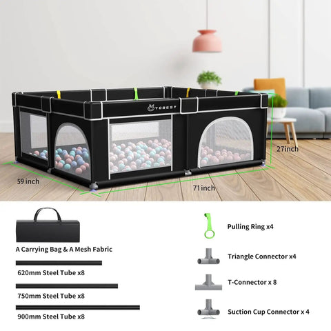 Big Baby Playpen 71x59 Inch With Gate No Fuss, sturdy mesh playard in living room, safe play space with colorful ball pit.