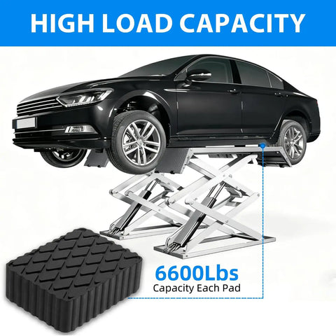 Car on lift with Solid Rubber Lift Pads For Auto Lifts And Jacks No Slip Jack Stand Pads Heavy Duty Garage Workhorse Lifting Blocks 6600 lbs