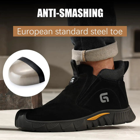 Welding Work Boots For Men Mid Cut Steel Toe Slip On Black Durable Safety Footwear For Welders Construction And Industrial Use ASTM Certified Protective Boots Built Tough For Heavy Duty Jobs, side view of black slip-on boot.