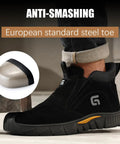 Black Mid Cut Welding Boots For Men With Steel Toe Slip On Work Shoes, side view showing suede upper and steel toe.