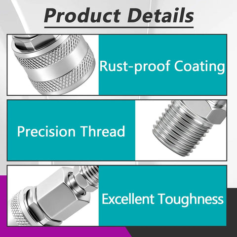 Close-up of One Quarter Inch NPT A Style Coupler And Plug Kit showing rust-proof coating, precision thread, and toughness