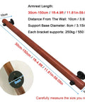 Natural Wooden Wall Mounted Porch Railing Adjustable Deck Handrail Heavy Duty Support For Kids And Seniors Non Slip Indoor Outdoor Grip No Sweat Install Top Shelf Quality, showing armrest length and wall support details.
