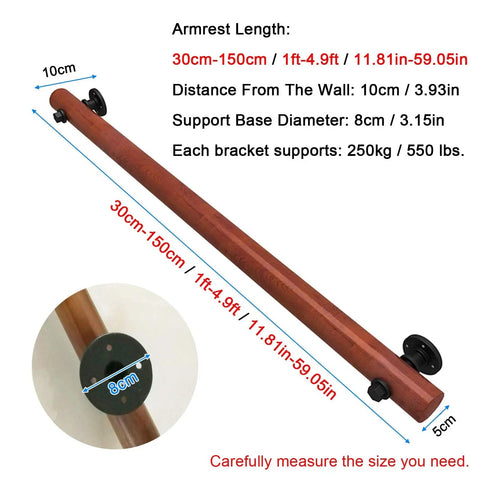 Natural Wooden Wall Mounted Porch Railing Adjustable Deck Handrail Heavy Duty Support For Kids And Seniors Non Slip Indoor Outdoor Grip No Sweat Install Top Shelf Quality, showing armrest length and wall support details.