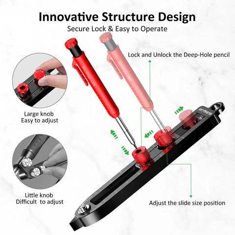 Slick Aluminum Alloy Scriber Tool With Dual Purpose Woodworking Compass And Circle Marking Gauge showing secure red knobs and scribe pin.