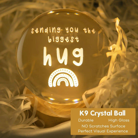 K9 crystal ball night light gift for get well soon vibes with soft glow, inscribed with 'sending you the biggest hug' message on LED base.