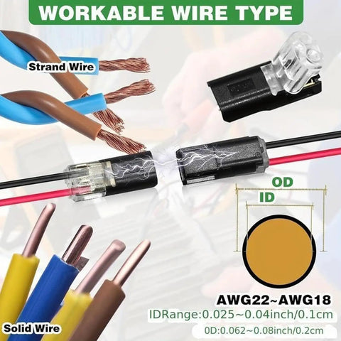 Double Wire Plug In Connector With Locking Buckle No Tools Needed Quick Clip Fasteners For Strip Lights DIY Projects And Model Kits Multi Purpose Snap On Blocks 2 Pin Low Voltage Decor in use with various wire types, showing compatibility with both strand and solid wires.