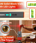 Portable Magnetic Laser Level With 15 Ft Cross Line Dual Mode Torpedo Level For Hanging Pics And Home Renovation Vertical And Horizontal Laser Plumb Lines For Precise Quick And Easy Setup showing solid vials with LED lights and tripod installation.