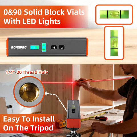 Portable Magnetic Laser Level With 15 Ft Cross Line Dual Mode Torpedo Level For Hanging Pics And Home Renovation Vertical And Horizontal Laser Plumb Lines For Precise Quick And Easy Setup showing solid vials with LED lights and tripod installation.
