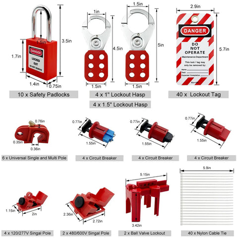 2 In 1 Lockout Tagout Kit For Electrical Safety Includes Clamp On Circuit Breaker Lockouts Universal Multi Pole Breaker Hasps Tags Heavy Duty Padlocks Plugs Cables And Valves A Pro Grade OSHA Compliant Worksite Lockout Solution displayed with dimensions and components.