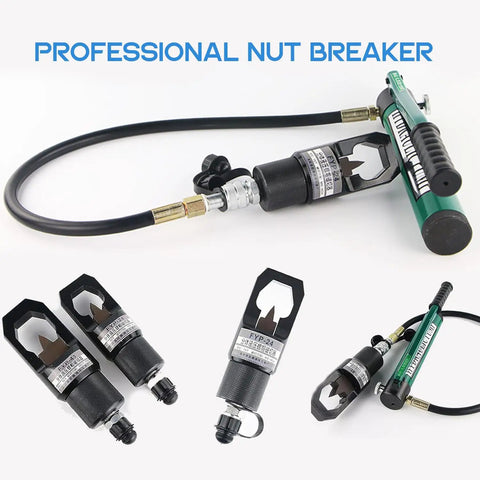 Hefty Split Type Hydraulic Nut Cutter With Built In Hand Pump And Razor Blade Designed To Rip Off Stubborn Rusty Bolts Quick Without Marring Threads Tough As Nails Chrome Moly Steel For Hassle Free Shop Fixes
