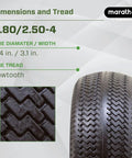 Flat Free 2.80 2.50 4 Tire And Wheel Assembly showing sawtooth tread pattern and dimensions for casters and utility carts