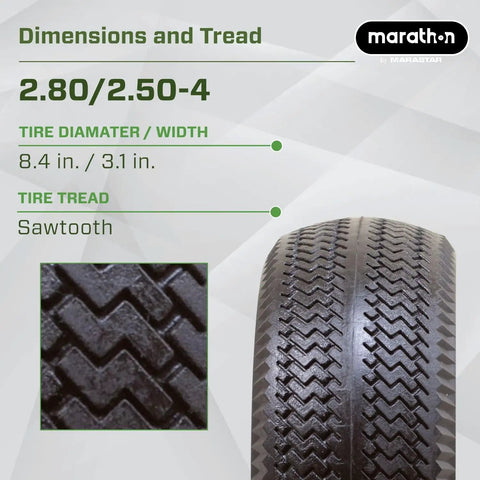 Skip The Hassle And Roll Smooth With This Flat Free Rubber 2 80 2 50 4 Tire And Wheel Assembly showing 2.80/2.50-4 tire tread and dimensions.