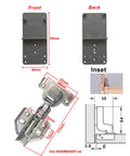 Super Quiet Soft Close Concealed Cabinet Hinges For Kitchen Units 110 Degree showing front and back views with dimensions.