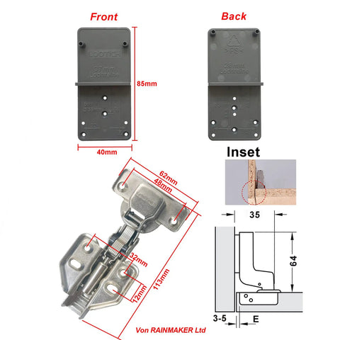 Super Quiet Soft Close Concealed Cabinet Hinges For Kitchen Units 110 Degree showing front and back views with dimensions.